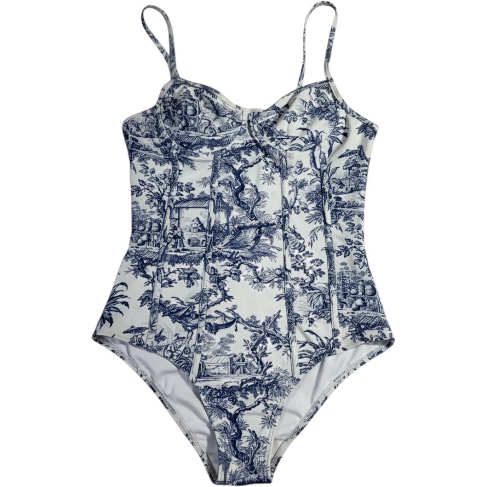 Toile Print One Piece Swimsuit M Blue White Corset Seamed Underwire